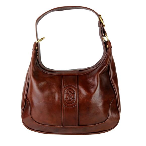 Marino Orlandi Italy VTG Large Smooth Brown Leather Shoulder Bag Brass Hardware - Picture 2 of 11